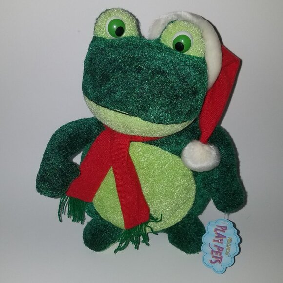 VTG Kellytoy Play Pets 12" Green Frog Plush Scarf Santa Hat Christmas 2002 w/TAG